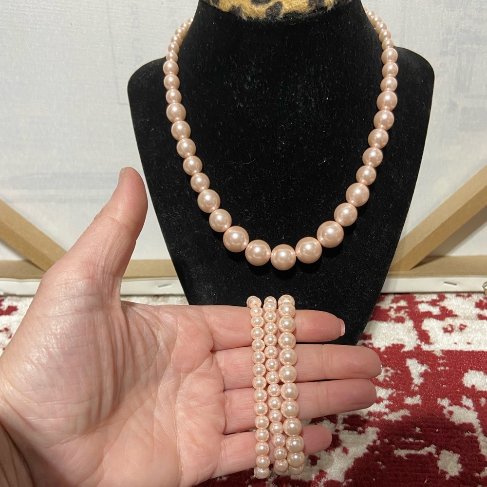 Faux Pearl, Graduating Necklace and 3 Stretch Bracelets Bundle